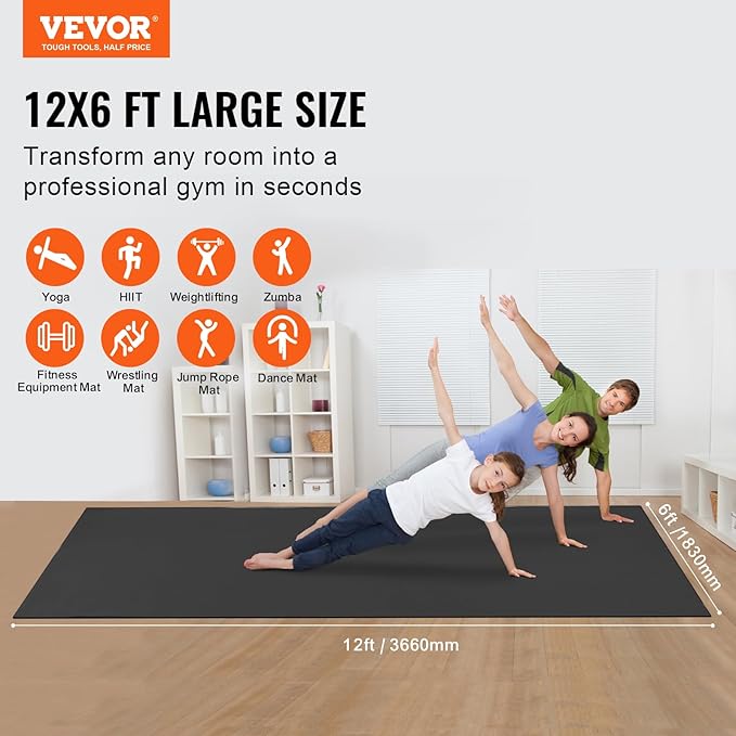 VEVOR Large Exercise Mat, 12'x6'/10'x6'/9'x6'/8'x6'/8'x5'/7'x5'/6'x4' (7mm) Extra Thick, Non Slip High Density Premium Workout Mat, Exercise Yoga Mat for Men & Women, Fitness & Exercise Mat with Bag & Carry Strap, for All Types of Home Yoga, Pilate & F...