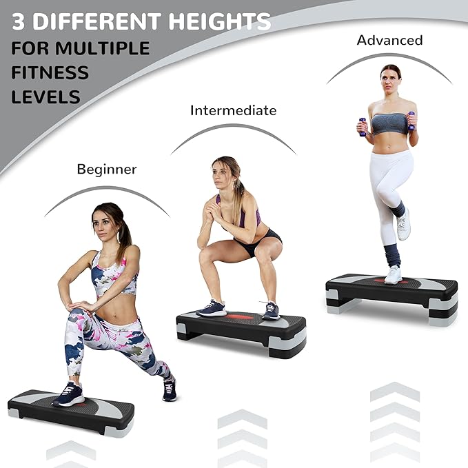 Fitvids Step Aerobic Platform, Exercise Step with levels Adjustable Height, Stackable Risers, Fitness Training Workout Stepper for Home Gym, Cardio Strength