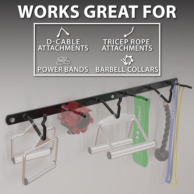 Synergee Cable Attachment Rack. Wall Mounted Storage Rack. Multi-Use Storage Posts for Exercise Attachments.