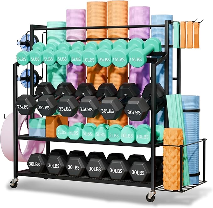 XL Dumbbell Rack Weight Stand - Upgraded 4-Tier Adjustable Weight Rack for Dumbbells, Home Gym Storage Rack for Yoga Mat Kettlebells, Workout Equipment Storage Organizer With Wheels and Hooks