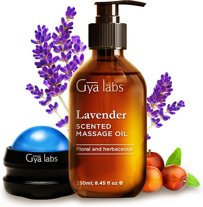 Gya Labs Lavender Relaxation Massage Oil - 8.45 Fl Oz - with Massage Roller Ball - Fast Absorbing 100% Pure Natural Blend of Spa Quality Oils for Skin, Muscle Relaxing - Calming, Aromatic, Self-Care