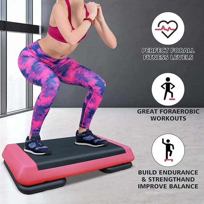 Adjustable Workout Aerobic Exercise Step Platform, Fitness & Exercise Step Platform with 2/4 Stackable Risers for Home Gym Cardio Training(Grey/Red)