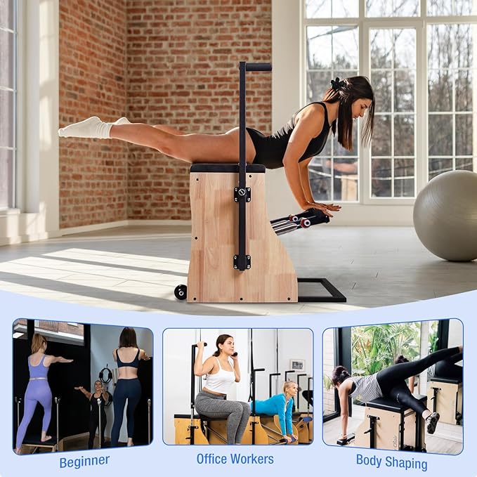 Pilates Stability Chair Split Pedal Fitness Reformer with Adjustable Springs,4-Level Resistance, Home Gym Equipment for Full-Body,Yoga & Core Training,Includes Non-Slip Socks, Ideal for Rehabilitation