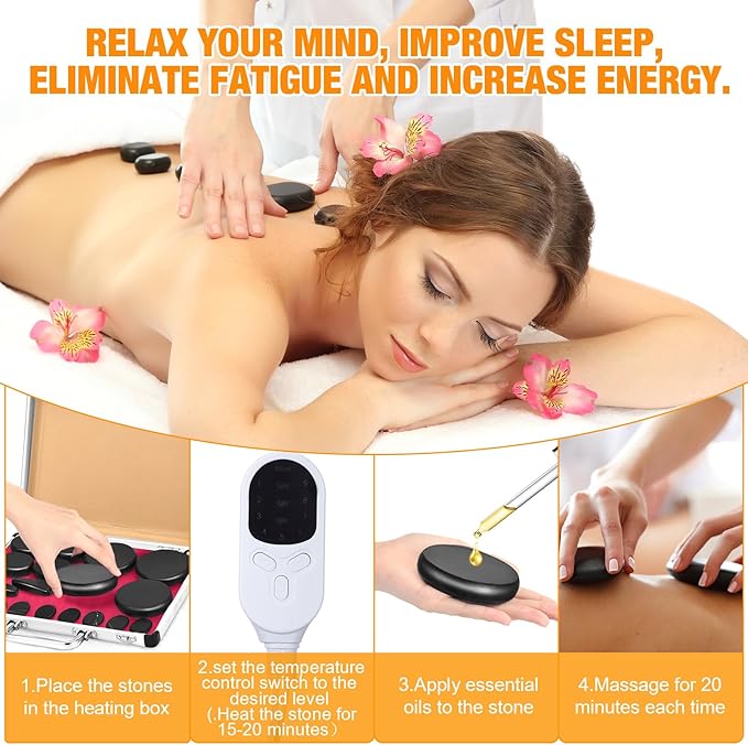 Hot Stones Massage Set 18 Pieces Basalt Hot Rocks Massage Rocks Kit Black Smooth Stones for Professional Home Spa Warming Relaxing Pain Relief, Constant 50°c (122°f)(Adjustable Temperature)