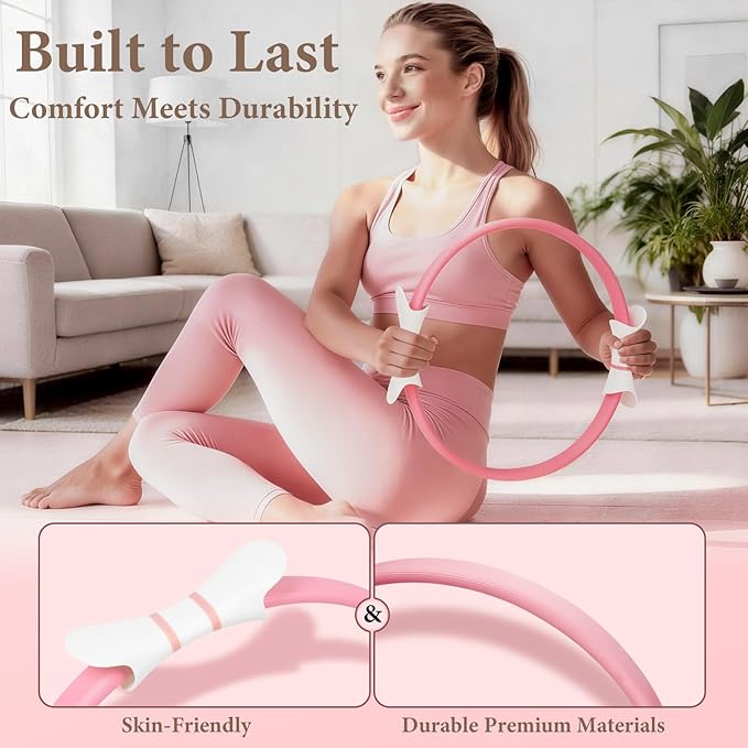Pink Pilates Ring Kit with 14.5 inch Magic Circle & Foam Roller, Ergonomic Home Workout Equipment Set, Full Pilates Essentials for Women Beginners - Includes Exercise Guide & Storage Bag