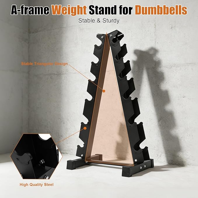 6-Tier Dumbbell Rack Stand Only, 660lbs Load-bearing Weight Rack for Dumbbells, A-Frame Training Dumbbell Holder for Storing Dumbbells in Homes, Hotels (Black)