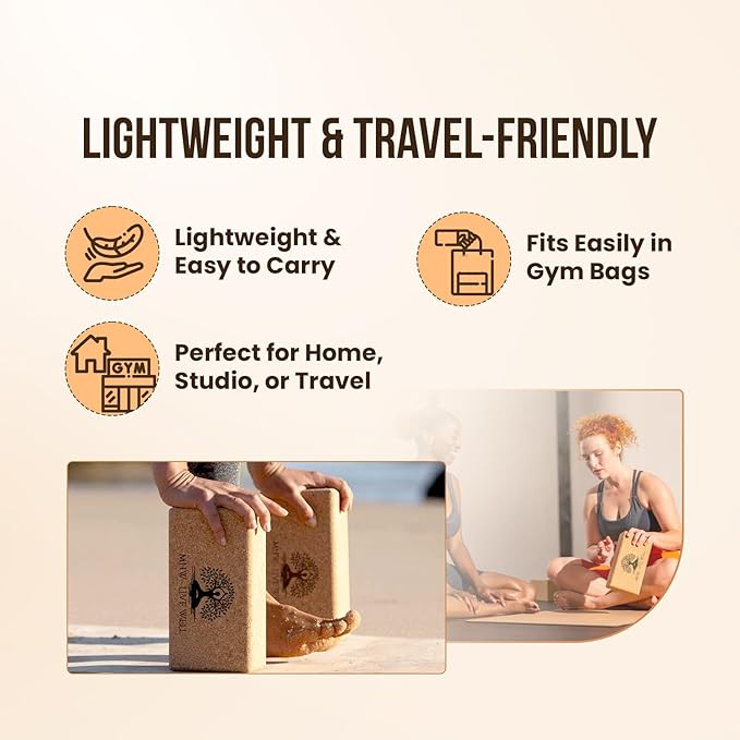 MHW - LIVE WELL Cork Yoga Block – Natural Anti-Slip Yoga Block for Stability & Deepening Poses - 9x6x3 Inches, Single (Cork, Pack of 2)