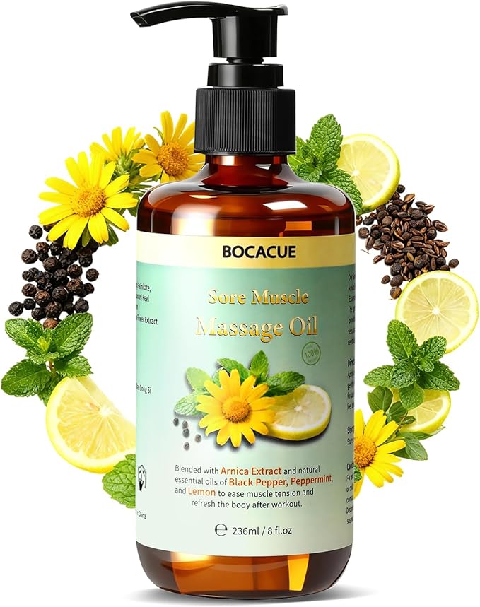 Sore Muscle Massage Oil for Massage Therapy, Arnica Oil for Muscle Relaxing & Lymphatic Drainage with Black Pepper, Peppermint & Grapeseed Oil, Essential Oils for Skin & Body Care, 8 fl oz