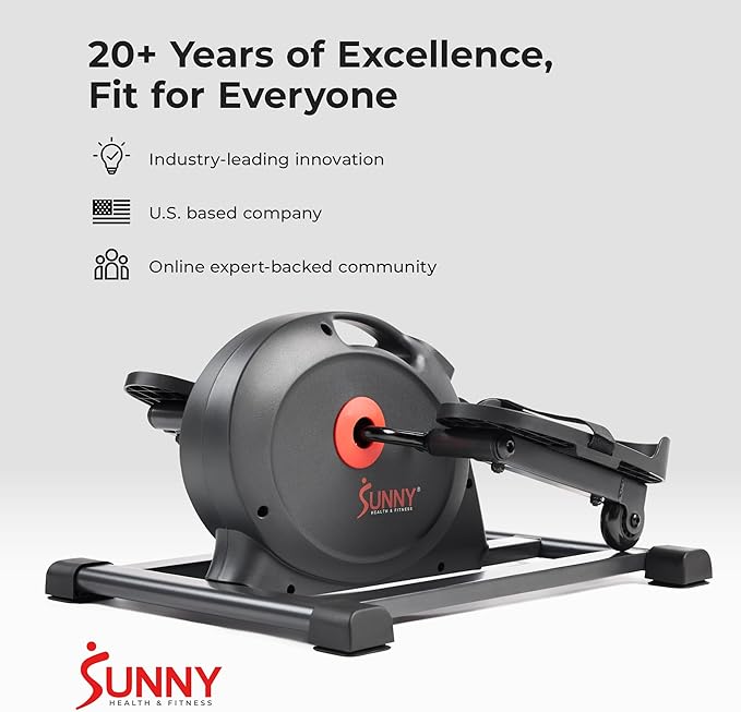 Sunny Health & Fitness Under Desk Pedal Elliptical Machine, Adjustable Resistance Leg Exerciser Home Workout While Sitting for Seniors, Optional Motorize or in Pink with SunnyFit App via Bluetooth