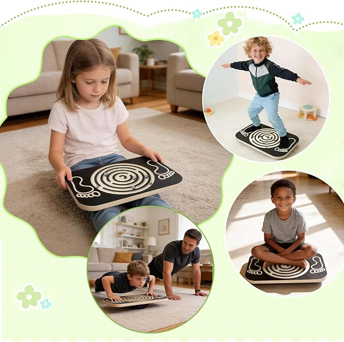 Balance Board Maze for Kids, Wobble Board Rocking Seesaw Sensory Training with 6 Balls, Non-Slip Pedals Indoor Outdoor for Boys Girls