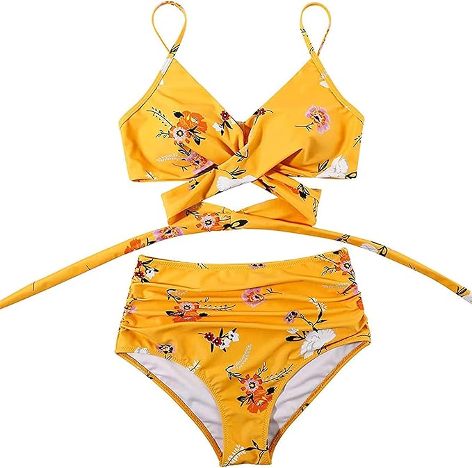 Womens Front Cross Ruched Bikini Set Twist Wrap Swimwear High Waisted Bottoms Print Straps Push Up Swimsuits