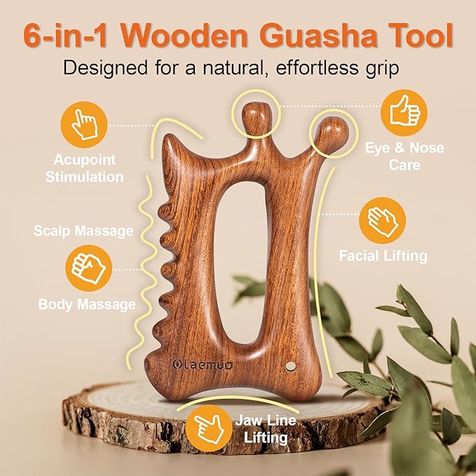 Wooden Gua Sha Tool for Face&Body - 6 in 1 Facial Massager for Lymphatic Drainage - Guasha Body Sculpting Tools Therapy Massage Tool for Cellulite,Jaw Lifting,Muscle Relief - Skin Care Gifts