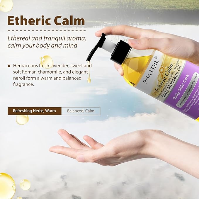 PHATOIL Etheric Calm Body Massage Oil 260 ml (8.8 fl.oz), Blends of Natural Plant Oils & Lavender Oil, Roman Chamomile and Neroli Essential Oil for Massage Skin Care, Body Oils for Women and Men