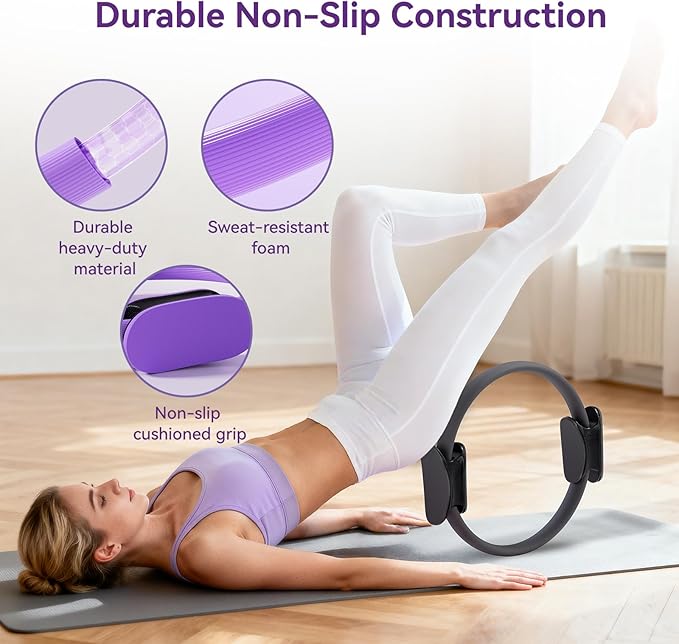 Pilates Kit for Women,15 Inch Magic Circle, 6 Multi-Level Resistance Bands,Yoga Ball Socks, Back Neck Stretcher ,14-Piece Full Body Toning Pilates Equipment for Beginners, 15 Min Daily Routine