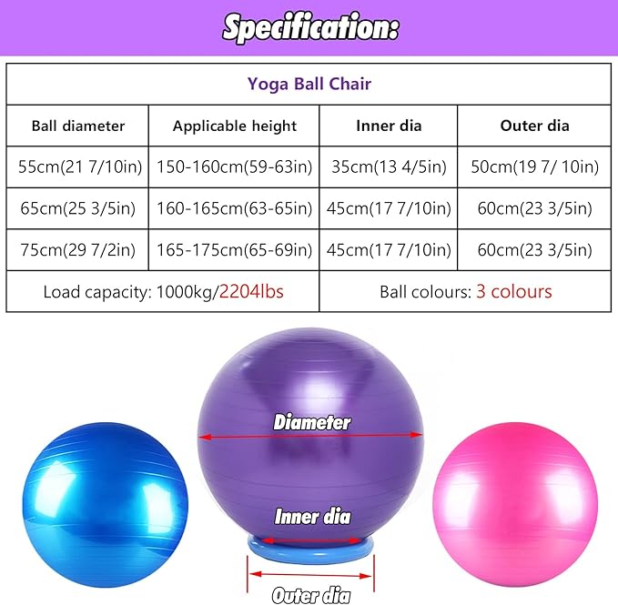 SRNSAEB Exercise Ball Seat for Office Desk Height, Ergonomic Balance Ball Chair Stool for Home/Office/School/Gym/Prolonged Sitting, Height Adjustable Pilates Yoga Ball Chair(Pink,75cm(29 7/2in))