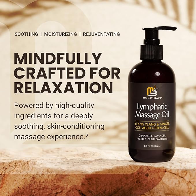Lymphatic Massage Oil & Roller Kit for Massage Therapy - Ylang Ylang & Ginger Lymphatic Drainage Oil & Massager for Circulation & Detox Support, Non-Greasy Formula & Easy to Use Roller (8 Fl Oz) by M3