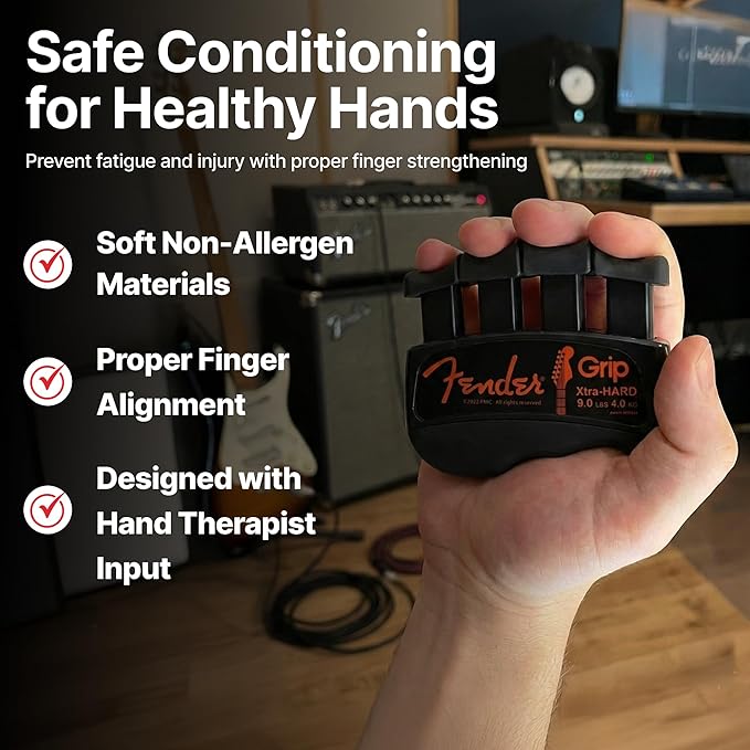Fender GRIP Hand and Finger Exerciser – Best Ergonomic Finger Strengthener to improve play on all stringed instruments (Guitar, Bass, Violin, etc.) (Tensions: WHITE=5-Lbs; RED=7-Lbs; BLACK=9-Lbs)