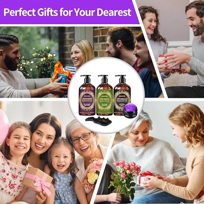 Massage Oil for Massage Therapy,Easter Basket Stuffers,3 Pack Cellulite Massage Oil,Sore Muscle Arnica Oil & Lavender Massage Body Oil with Massage Ball & Thumb Saver Tool,Easter Gifts for Men Women