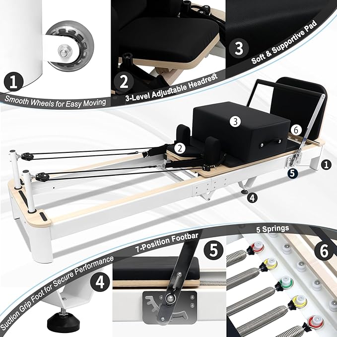 Professional Pilates Reformer Machine for Home – Full-Body Workout Reformer with Jumpboard, Box & Foot Straps – Smooth Glide System, Adjustable Resistance, Solid Wood Frame
