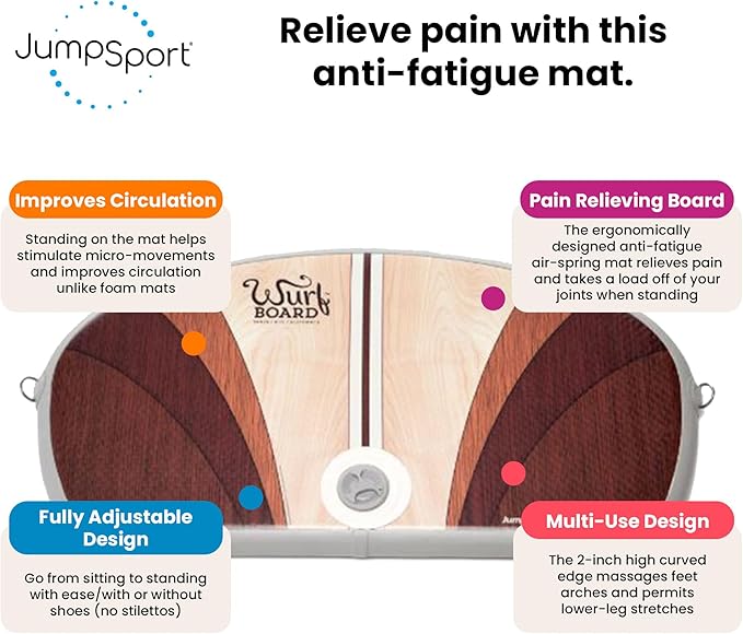 Wurf Board by JumpSport (Santa Cruz or Maui style)| Standing Desk Air-Spring Anti-Fatigue Mat | Improves Circulation, Posture, and Balance | Fully Adjustable, Inflatable Board