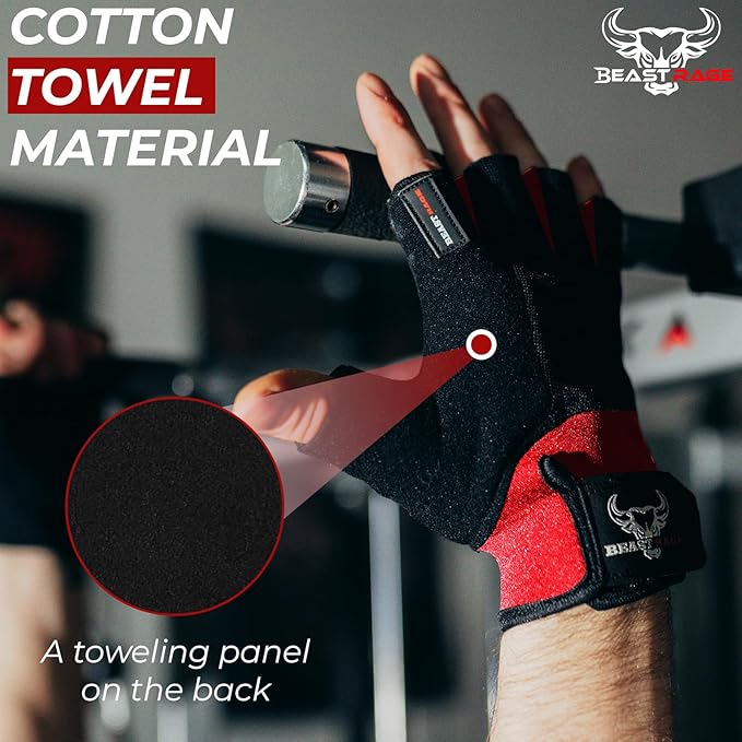 BEAST RAGE Workout Gloves for Men, Durable Palm Grip Gym Gloves Women Half Finger Elasticated Training Weight Lifting Strength Bodybuilding Anti Slip Cycling Gloves Exercise