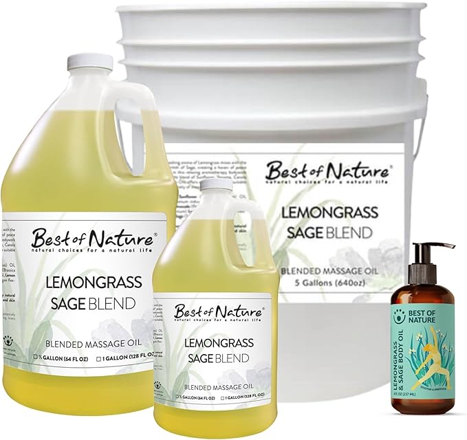 Best of Nature Lemongrass and Sage Massage Oil Blend - Non-Greasy Aromatherapy Massage Oil for Body, Skin & Face, Crafted with Pure Essential Oils, Half Gallon (64 fl oz)