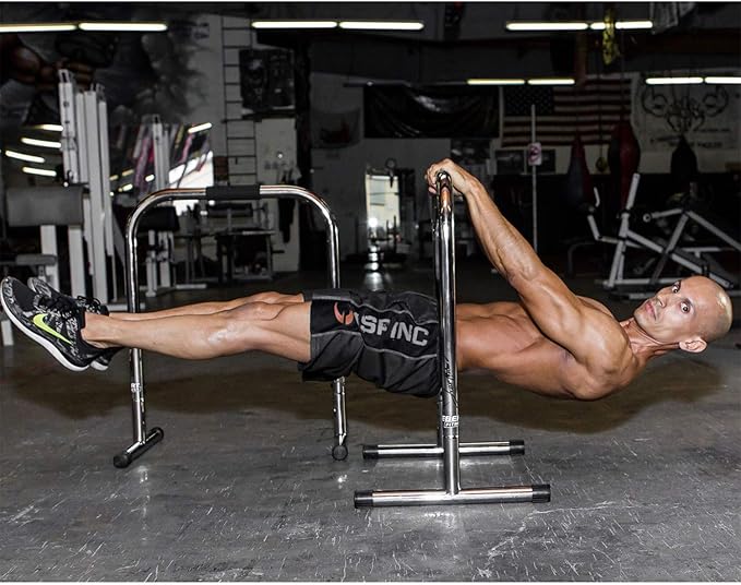 Lebert Fitness Dip Bar Stand - Original Equalizer Total Body Strengthener Pull Up Bar Home Gym Exercise Equipment Dipping Station - Frank Medrano Series, Workout Guide and Online Group - Chrome (XL)