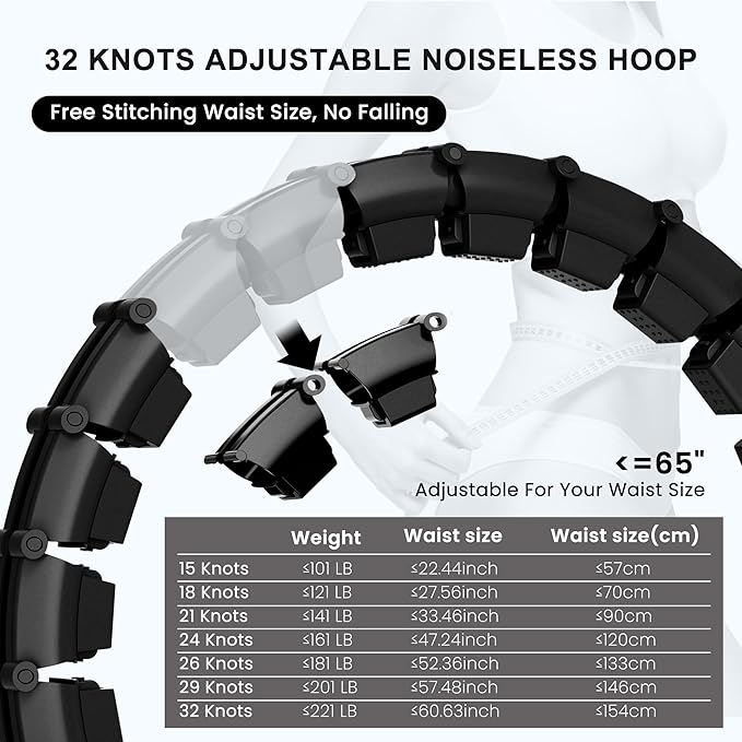Plus Size Silent Weighted Hula Infinity Fitness Detachable Hoops 65-Inch 32 Knot, Smart Noiseless Infinity Hula for Women, Waist and Abdominal Home Weight Loss Exercise Fit Hoop