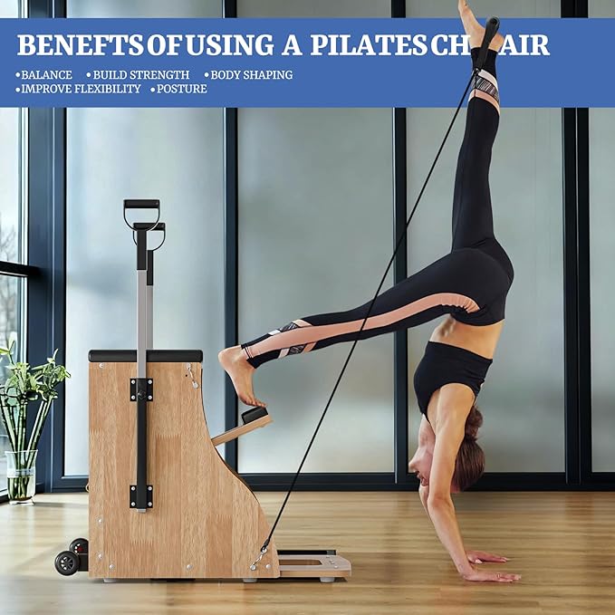 Pilates Chair Wunda Chair Pilates Combo Chair with Handles Split Pedals Reformer Machine for Yoga Core Training Rehabilitation Includes Non-Slip Socks (Wood Panel Bracket)