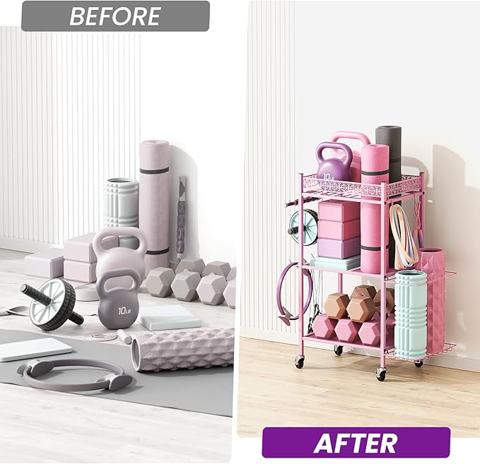 Yoga Mat Storage Rack, Home Gym Storage Rack, VOPEAK Workout Storage for Yoga Mat, Foam Roller, Gym Organizer Gym Equipment Storage for Home Exercise and Fitness Gear