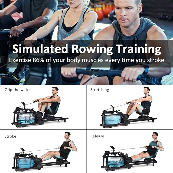 GYMAX Water Rowing Machine, Water Rower with Adjustable Resistance & LCD Display, Easy-Transportation Rower for Whole Body Exercise Cardio Training