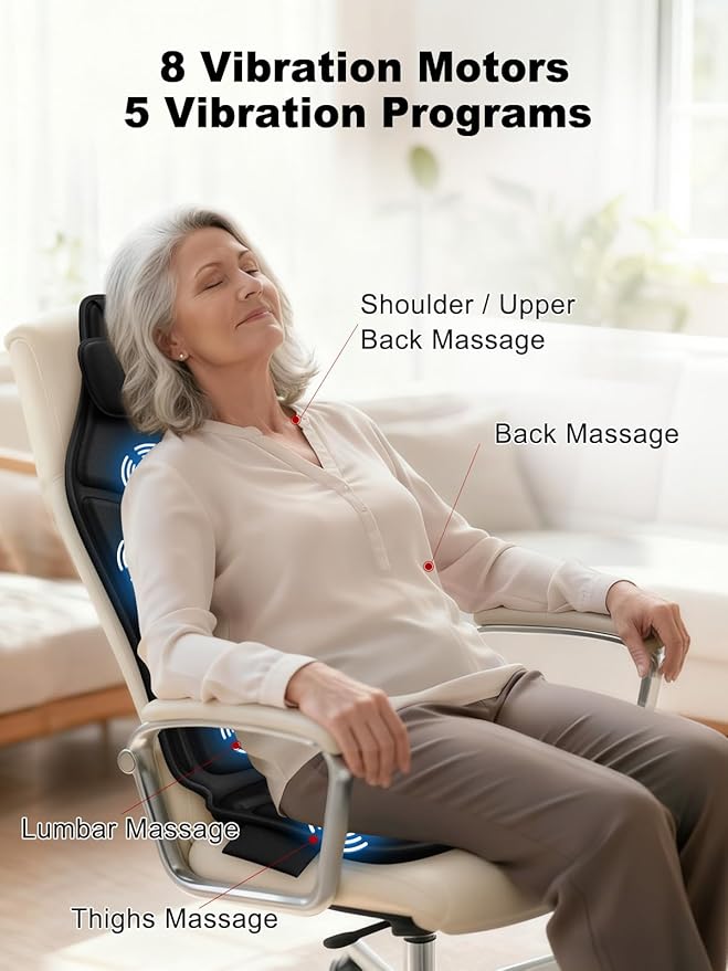 Vibration Back Massager with Heat, Massage Chair Pad for Recliner with 2 Heating Levels & 6 Vibration, Seat Cushion for Seniors, Office Workers, Fatigue & Pain Relief in Office, Home Use