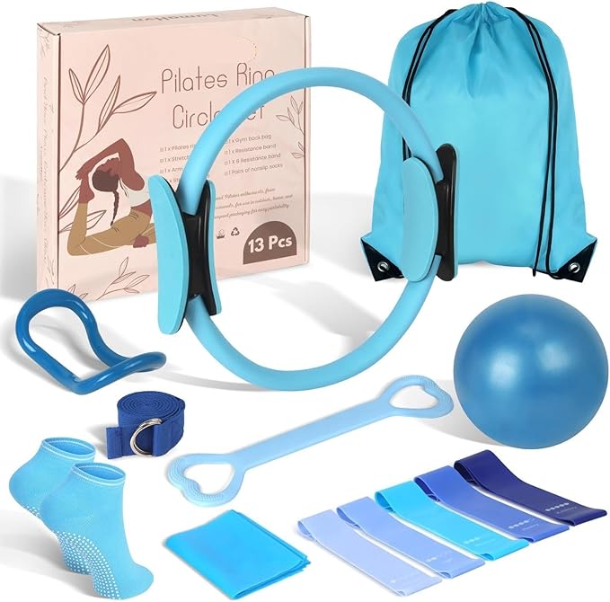 Home Pilates Essentials Kit for Women - Complete Pink Equipment Set with 9 Inch Yoga Ball, Figure 8 Resistance Band, Bands & Accessories, Ring for Beginners Workouts