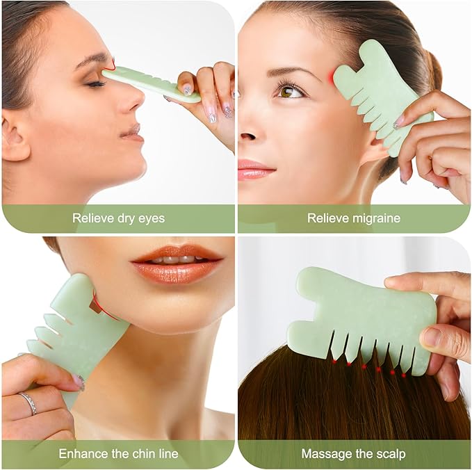 Jade Stone Gua Sha Massage Tool Set Larger Guasha Board with Handle, Muscle Scraping Massage Tools, Guasha Scraping Scalp Comb, Acupuncture Tools for Relaxation Lymphatic Drainage Valentine's Day Gift