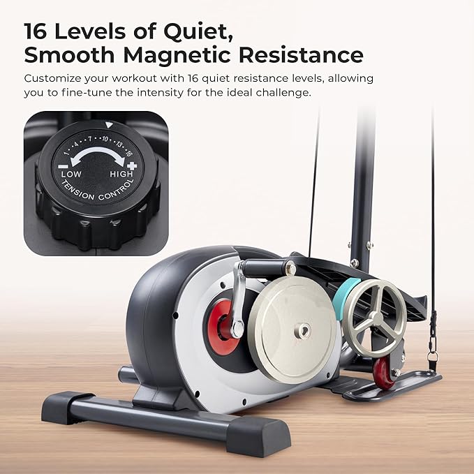 Sunny Health & Fitness Under Desk Elliptical Machine, Portable Sitting or Stand Peddler Exerciser for Seniors Home Office, SunnyFit App Access via Bluetooth with Optional Handlebar or Resistance Band