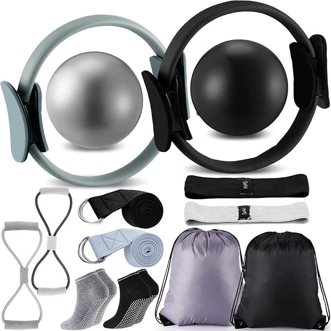 Poen Pilates Equipment Kit for Home Workout Pilates Ring and Ball Set for Women 12'' Circle Yoga Fitness Essentials Kit with Resistance Bands, Yoga Strap, Socks,Bag