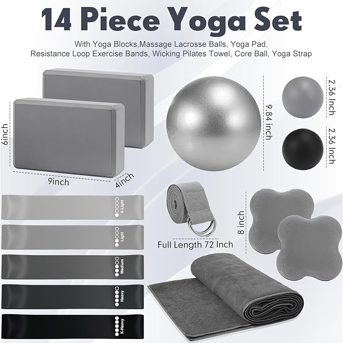 14 Pcs Yoga Kits for Home Workouts Pilates Equipment Set for Women Beginners, Hot Yoga Towel Blocks Strap, Knee Pad, Resistance Loop Exercise Band, Massage Lacrosse Ball, Pilates Ball