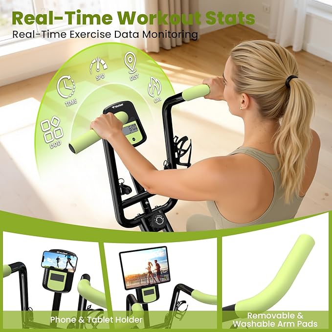 Foldable Exercise Bike, Multifunctional Indoor Stationary Bikes for Home with 8-Level Magnetic Resistance, Quiet Workout Bike with Arm Resistance Bands, LCD Monitor, 300LBS Capacity
