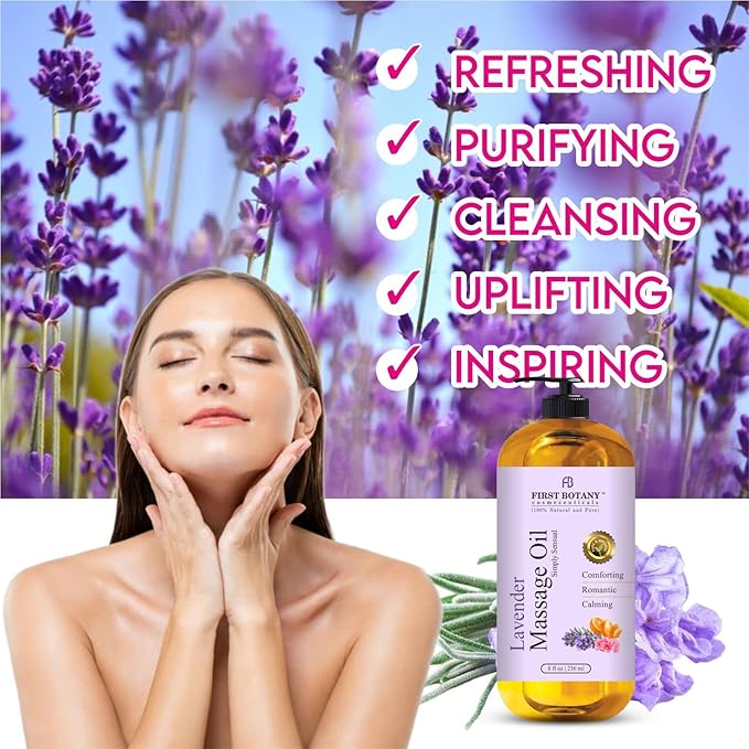 First Botany, Lavender Massage Oil for Couples, 100% Natural Full Body Massage Lotion & Massager, Ideal for use in Aromatic, Relaxing, Sensational Massage & for Aromatherapy for Men & Women, 8 fl oz