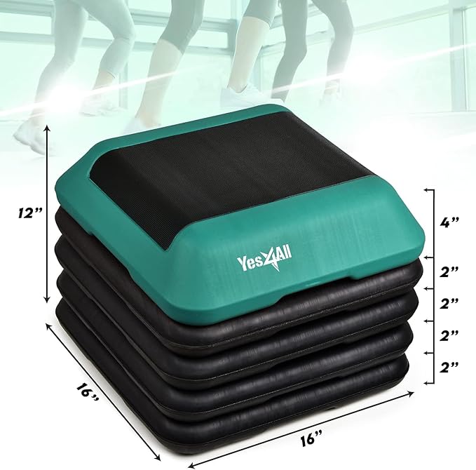 Yes4All High Arobic Step Platform & Stackable Risers - Adjustable 4"/6"/8"/10"/12" Height - Choose Full Step Platform Set or 2-Pack Stackable Risers, Customize for Cardio & Aerobic Exercise