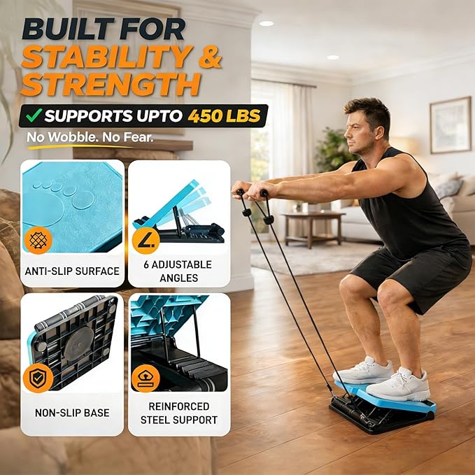 Calf Stretch Board with Timer & Resistance Bands, 6-Level Adjustable Slant Board, 450 lb Weight Capacity, Includes Sit-Up Bar for Home Gym & Stretching