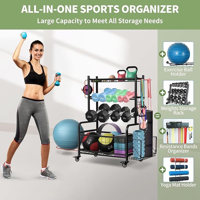 Pro-Series Mobile Dumbbell Rack & All-in-One Gym Storage Organizer with Locking Wheels, Adjustable Shelves & 400LB Capacity