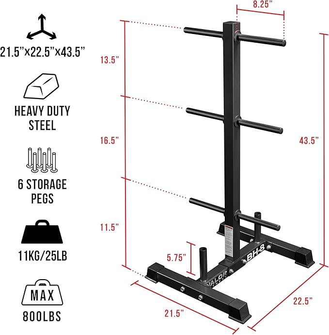Valor Fitness Weight Plate Rack with Barbell Holders – Heavy-Duty Steel Storage Tree with 6 Pegs and 2 Vertical Bar Sleeves for Standard and Olympic Plates – 800 lb Capacity for Home & Garage Gyms