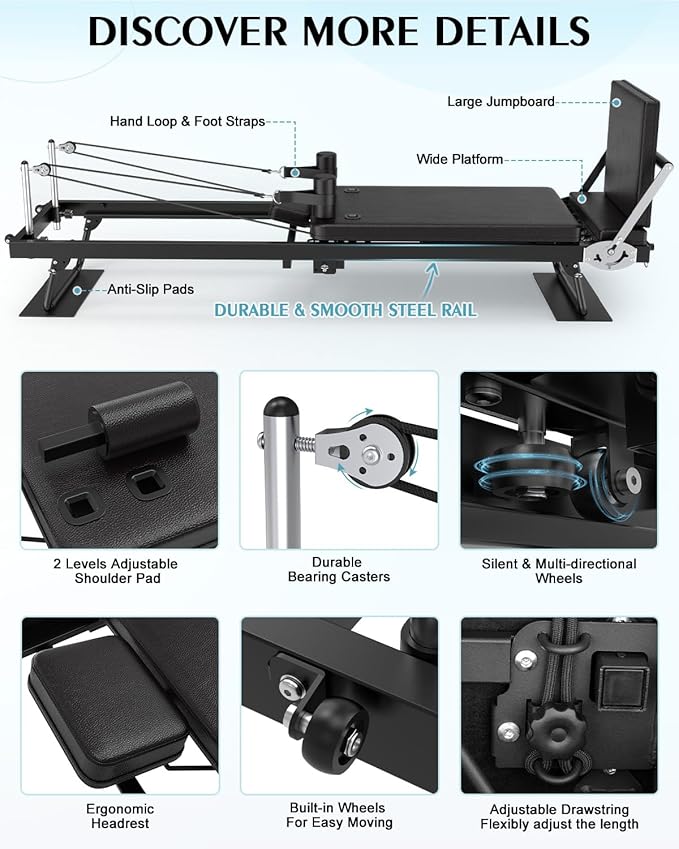 91.3" Pilates Reformer Foldable, TYRSEN Adjustable Pilates Machine, Springs and Cords Dual Resistance Customizable, Longer Smooth Rail, Jump Board, Full-Body Workout Equipment Home Use, Up to 400 lbs