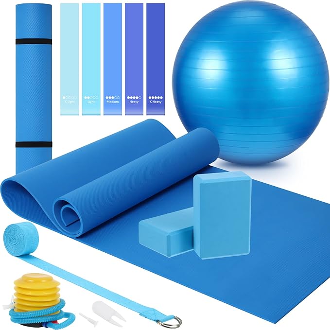 Liliful 10 Pcs Yoga Starter Kit Include 6mm Yoga Mat with Carry Strap, 2 Blocks, 65cm Pilates Ball, Stretch Strap, 5 Resistance Bands with Air Pump Home Workout Set for Beginners Women Men Gym