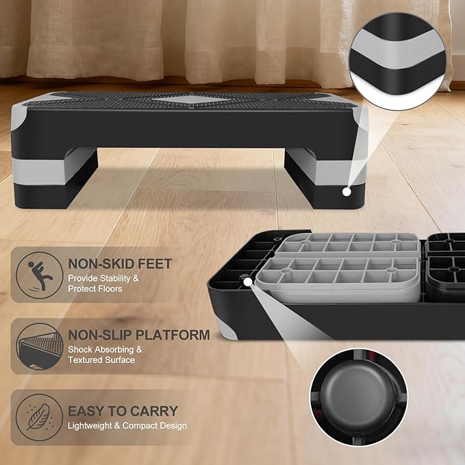 MIUDGIG 27" Exercise Workout Aerobic Step Platform Trainer, Adjustable Fitness 4-6-8in Exercise Stepper Workout with 4 Risers, Aerobics Stepper Workout Stepper for Home Gym Cardio Strength & Training