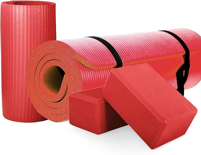 BalanceFrom 71x24 Inches Yoga Mat with Knee Pad and Optional Blocks – Extra 1-Inch Thick Non-Slip Foam with Anti-Tear Surface and Carrying Strap for Home, Studio, or Gym Workouts