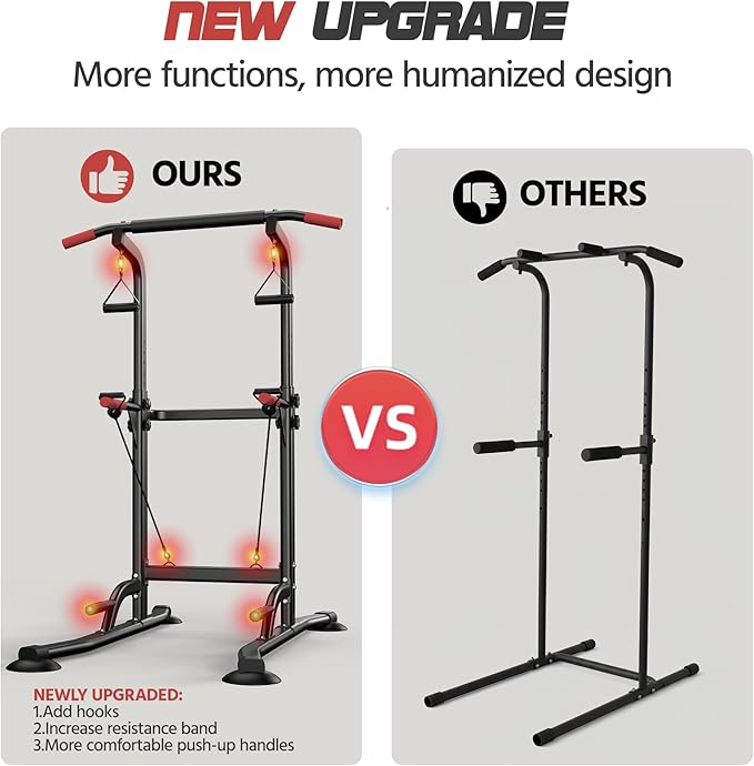 Power Tower Pull Up Bar Free standing with Resistance Bands, 350LBS Heavy Duty Alloy Steel Dip Station for Home Gym Strength Training, Adjustable Height Workout Equipment