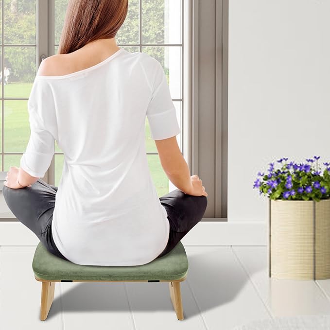 Meditation Ergonomic Bench, Yoga Prayer Meditation Bench with Soft Cushion, Yoga Bench Kneeling Stool Prayer Bench, Foldable Prayer Chair for Kneeling Sitting Prayer Extended Practice (Green)