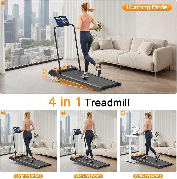Treadmills for Home Small with 0%-8% Incline and APP Sync, Compact Under Desk Walking Treadmill Pad with Handle Bar Removable, Remote Control and LED Display, 2.5HP